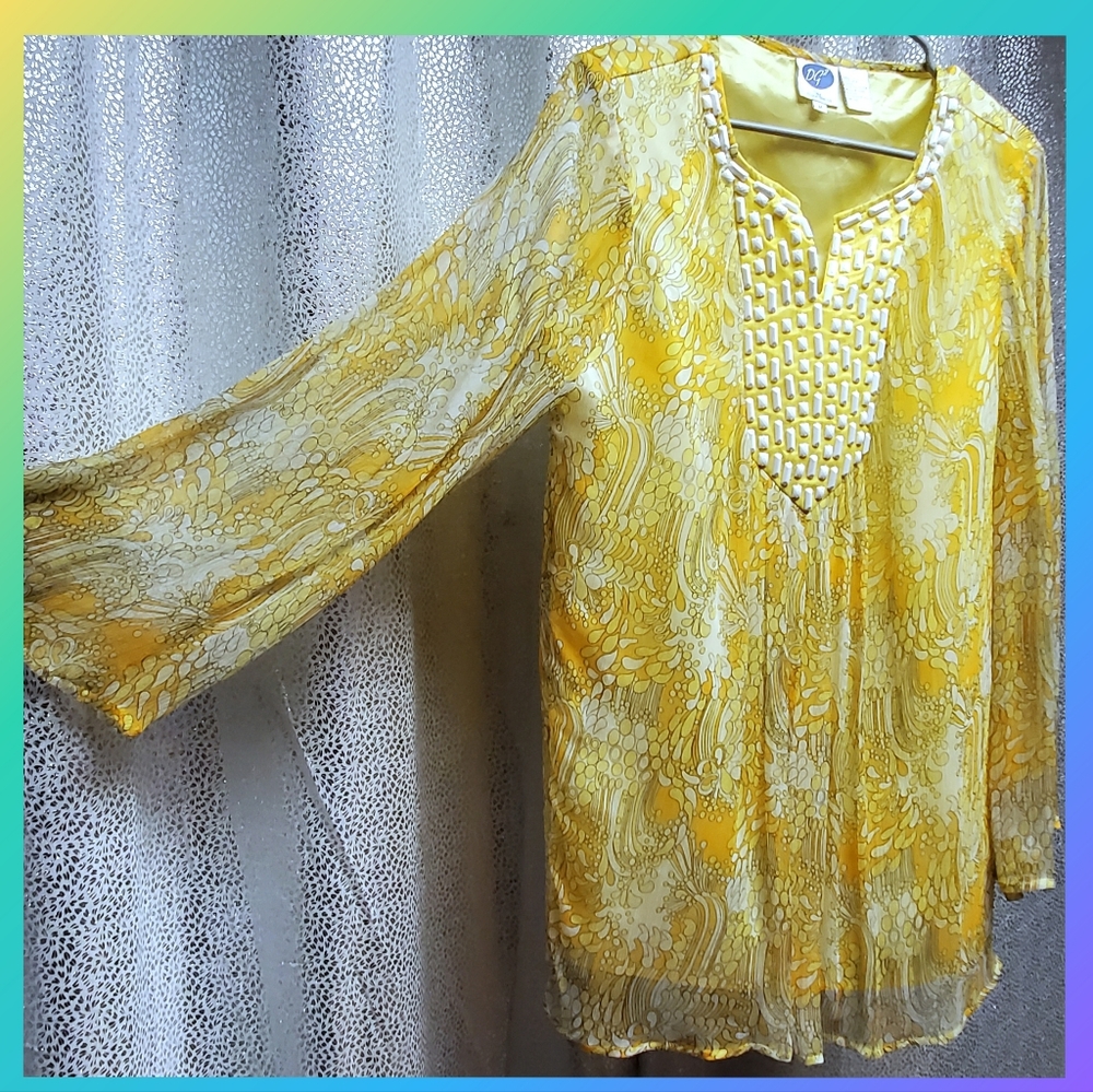 Honeysuckle Yellow Paisley Blouse White Beaded Neckline - Picture 1 of 12